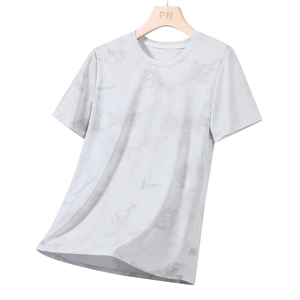 T-shirt blanc à manches courtes avec imprimé floral et texture marbre gris pour l'été