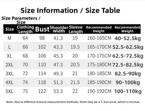 Tabella taglie dettagliata per t-shirt da uomo a maniche corte dalla taglia M alla 5XL