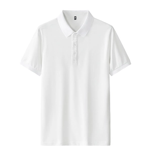 Detailed view of white cotton polo shirt collar with three buttons and size tag