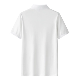 Rear view of white short-sleeved polo shirt showing breathable pique cotton texture