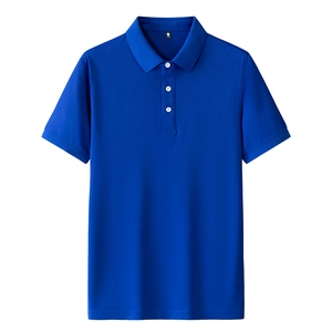 Detail view of royal blue polo shirt collar with three white buttons and knit texture