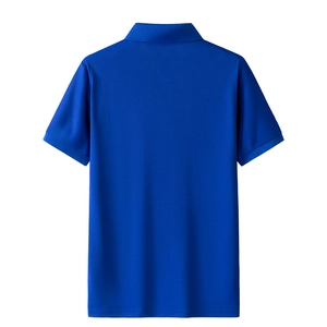 Rear view of a solid royal blue short-sleeve polo shirt with breathable pique cotton fabric