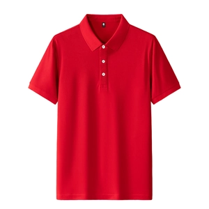 Detail view of red cotton Polo shirt collar with classic three-button placket design