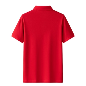 Detailed back view of a red cotton polo shirt with ribbed cuffs and polo collar