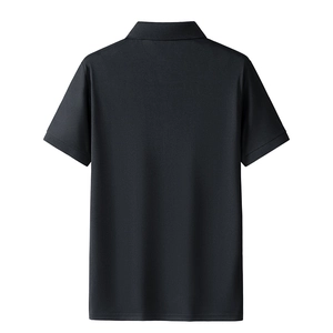 Detail view of the black short sleeve Polo shirt back featuring ribbed cuffs and pique fabric
