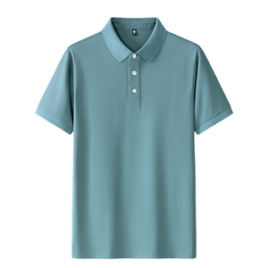 Detail of grey-green polo shirt neckline with classic collar and three white buttons