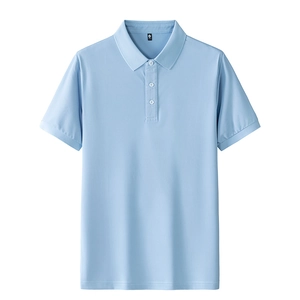 Classic light blue short-sleeved polo shirt with breathable texture and three-button collar