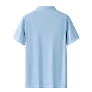 Rear view of a light blue polo shirt showcasing high-quality pique cotton and ribbed cuffs