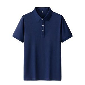 Classic navy blue short sleeve polo shirt with ribbed cuffs and three-button placket