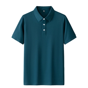 Detail of teal short-sleeved polo shirt with white buttons and ribbed cuffs on white background
