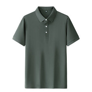 Detailed view of dark green polo shirt collar with three white buttons and size L label