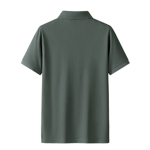 Rear view of a dark green short-sleeved polo shirt showing rib-knit cuffs and premium fabric