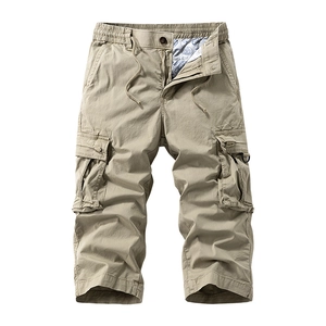 Men's khaki multi-pocket cargo shorts with elastic drawstring waist and durable twill fabric