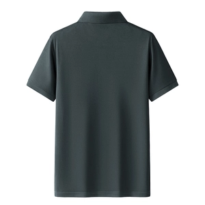 Rear view of dark grey-green short-sleeved polo shirt with classic collar and fine stitching