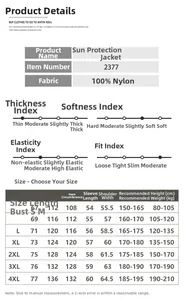 Detailed size chart for sun protection jacket with measurements from S to 4XL in centimeters