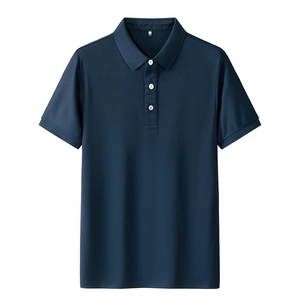 Detail of navy blue piqué cotton polo shirt collar with three-button placket and size label