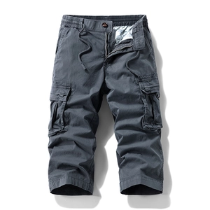 Men Casual Cargo Cropped Pants Multi Pocket Straight Leg Cotton Blend Elastic Waist Drawstring Summer Outdoor Youth Trousers