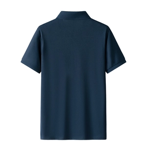 Back view of a navy blue polo shirt featuring breathable honeycomb pique cotton texture