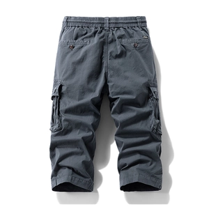 Men's dark grey cargo cropped pants with multi-pocket design and elastic waist
