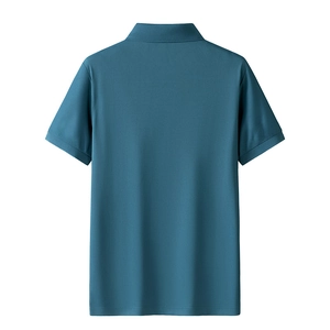Rear view of deep teal short sleeve polo shirt with breathable pique fabric on white background