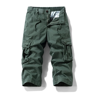 Men's army green cargo cropped pants with elastic waist and large side flap pockets