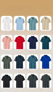 Matrix display of short-sleeve polo shirts in fourteen colors with a classic three-button placket
