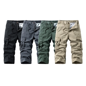 Detail of multi-pocket cargo pants showing drawstring waist and four available colors