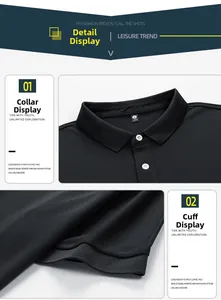 Detail view showing ribbed cuffs and buttoned neckline of this black cotton polo shirt