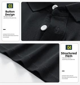 Close-up of black cotton Polo shirt featuring two-button collar and straight hem details