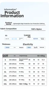 Comprehensive size guide and technical specifications for UPF100+ ice silk sun jacket