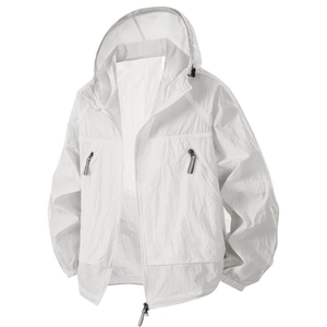 Detail of white ice silk UV jacket showing breathable nylon fabric and zippered pockets