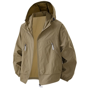 Men's UPF 100+ sun protection jacket in olive green featuring hood and zippered pockets
