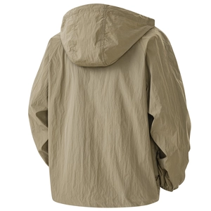 Detail view of khaki UPF100+ ice silk sun jacket with back raglan sleeve construction