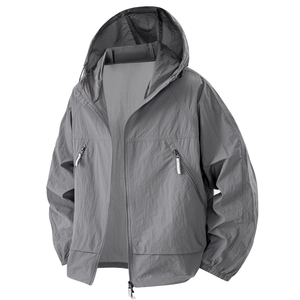 Men's UPF 100+ grey sun protection ice silk jacket with hood and zipper closure