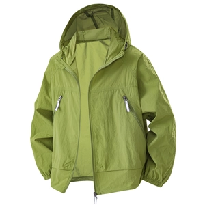 UPF100+ light green hooded ice silk sun protection jacket with zip pockets for men