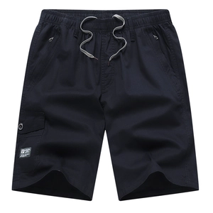 Men's black cotton cargo shorts with elastic drawstring waist and multiple zipper pockets