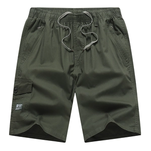 Army green men's cotton cargo shorts with elastic drawstring waist and side flap pockets
