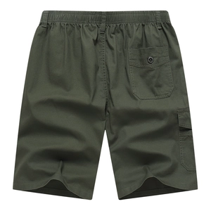 Olive green cotton cargo shorts for men with elastic waist and buttoned pockets