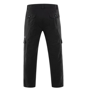 Detailed back view of men's black cargo pants featuring large buttoned flap pockets