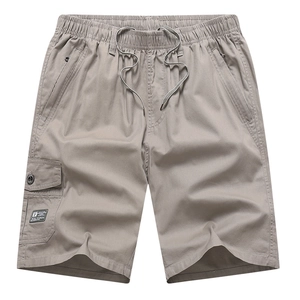 Khaki cotton cargo shorts for men with drawstring waist and zip pockets in a casual fit