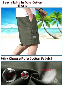 Detail of olive green cotton cargo shorts showing breathable and skin-friendly fabric texture