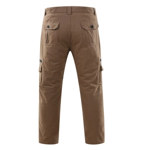 Back view of men's loose brown cotton cargo pants with multiple functional pockets
