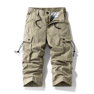 Men's khaki multi-pocket cargo pants with drawstring waist and durable cotton fabric