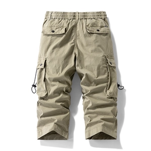 Men's khaki multi-pocket cargo pants with elastic drawstring waist and loose fit