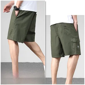 Detail view of olive green cotton cargo shorts showing side flap pockets and rear buttoned pockets