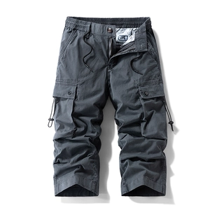 Men's dark grey cargo cropped pants with multi-pocket design and drawstring waist details