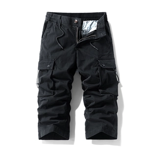 Men's black cargo shorts with elastic drawstring waist and multi-pocket utility design