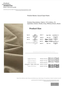 Size chart for men's multi-pocket cargo pants with detailed measurements and fabric info