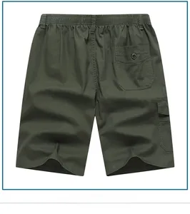 Detail view of cotton cargo shorts with elastic waistband and secure buttoned back pocket