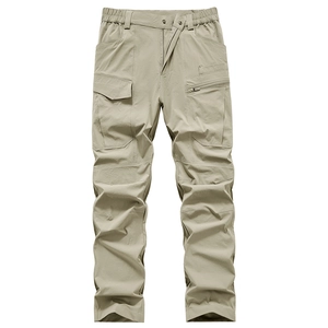 Men's khaki tactical cargo pants with multi-pocket system and elastic waist for outdoors